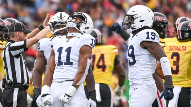 Penn State linebacker Abdul Carter celebrates after sacking Maryland quarterback Taulia Tagovailoa.